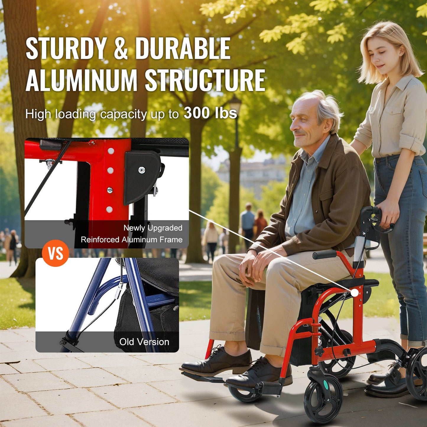 2 In 1 Rollator Walker & Transport Chair For Seniors, Folding Rolling Walker Wheelchair Combo & Footrests, Lightweight Aluminum Mobility Walker With Adjustable Handle, All Terrain Wheels, 300LBS