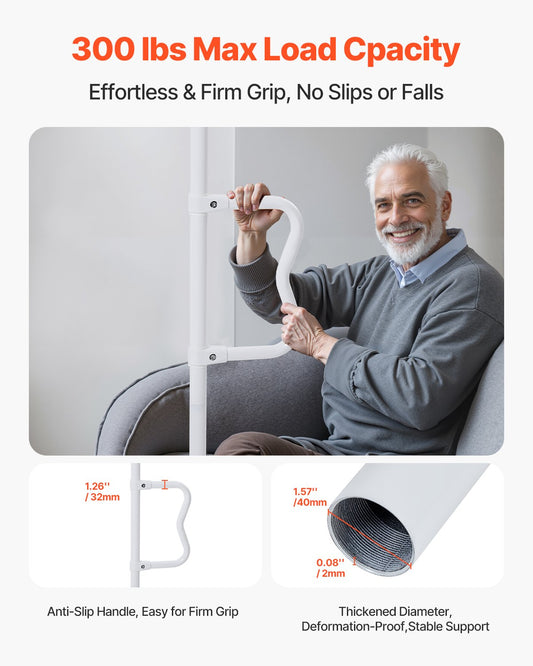 Floor-to-Ceiling Transfer Pole, Tension Mounted Bathroom Grab Bar With Anti-Slip Curve Handle, 300 Lbs Capacity Security Pole For Elderly, Ideal Senior Safety Pole For 7-10 Ft Ceilings, White
